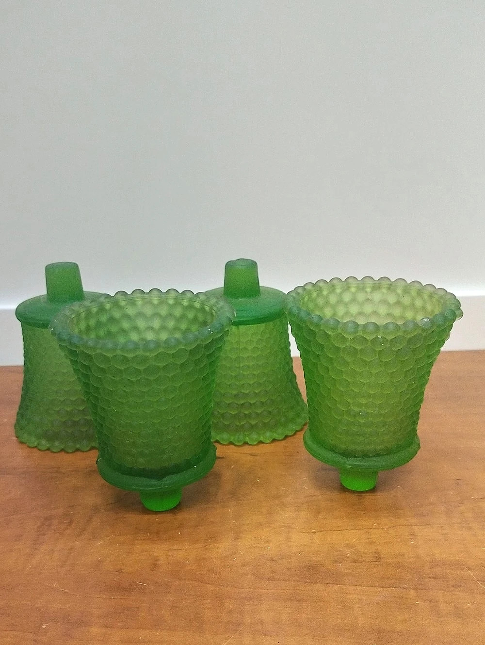Vintage Hobnail Satin Green Tulip Candle Holders Set of 4
